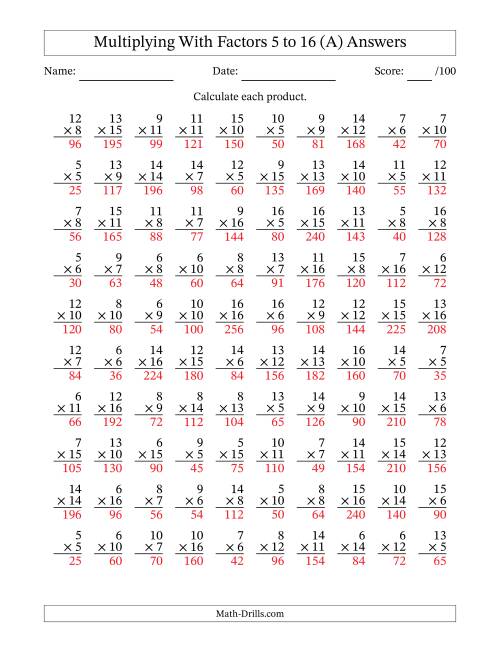 The Multiplication With Factors 5 to 16 (100 Questions) (All) Math Worksheet Page 2
