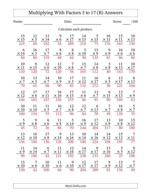 The Multiplication With Factors 5 to 17 (100 Questions) (B) Math Worksheet Page 2