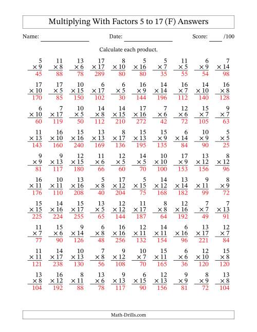The Multiplication With Factors 5 to 17 (100 Questions) (F) Math Worksheet Page 2