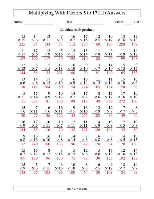 The Multiplication With Factors 5 to 17 (100 Questions) (H) Math Worksheet Page 2