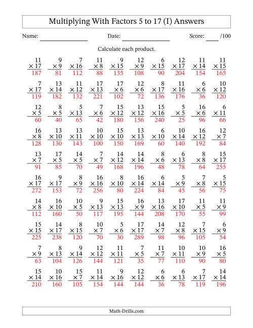 The Multiplication With Factors 5 to 17 (100 Questions) (I) Math Worksheet Page 2