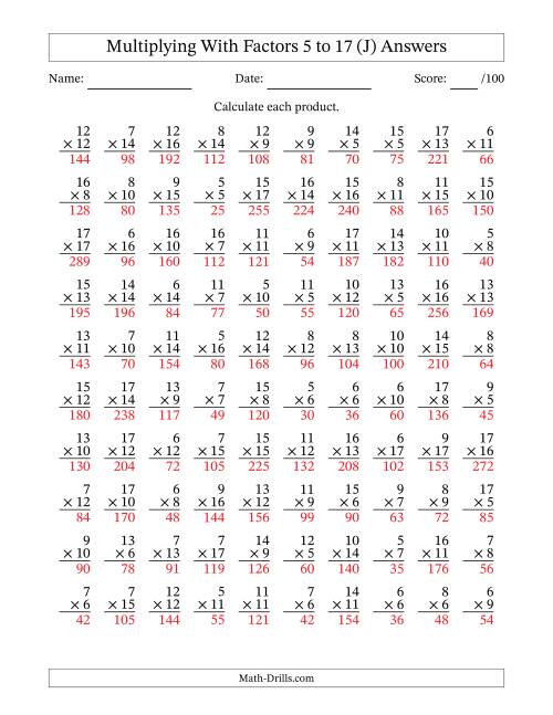 The Multiplication With Factors 5 to 17 (100 Questions) (J) Math Worksheet Page 2