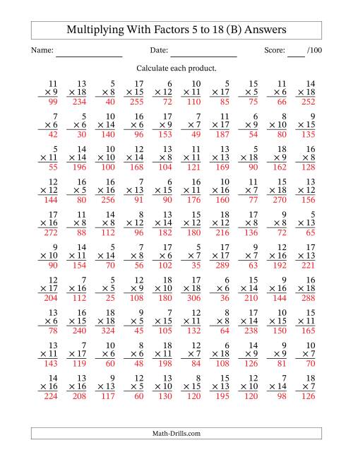 The Multiplication With Factors 5 to 18 (100 Questions) (B) Math Worksheet Page 2
