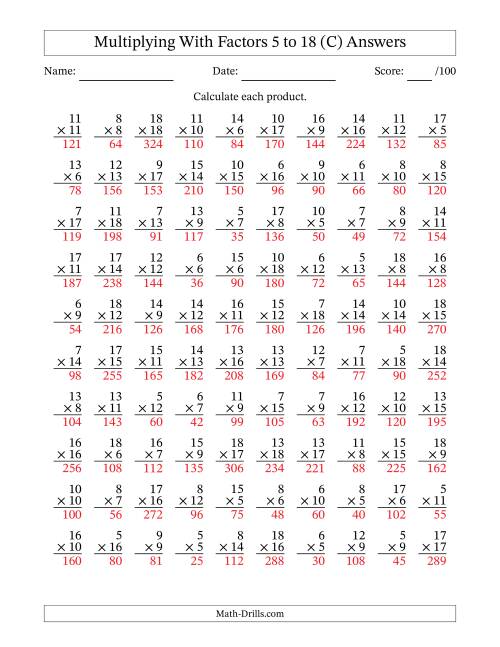 The Multiplication With Factors 5 to 18 (100 Questions) (C) Math Worksheet Page 2