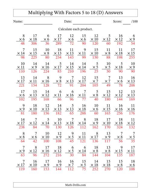 The Multiplication With Factors 5 to 18 (100 Questions) (D) Math Worksheet Page 2
