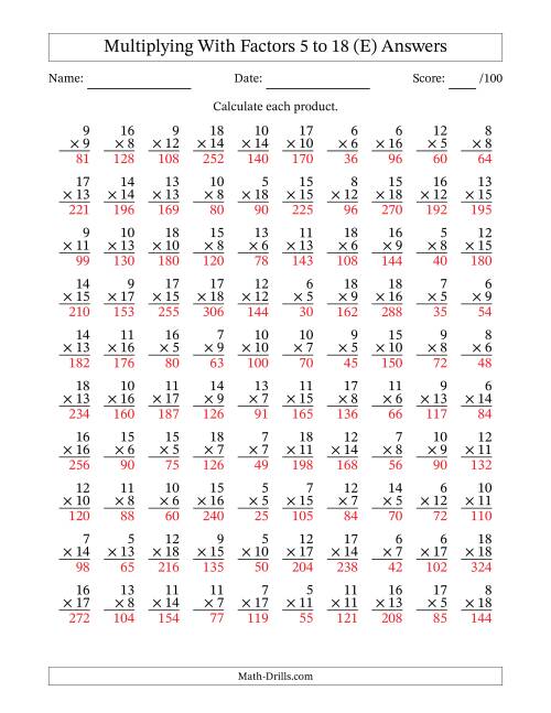 The Multiplication With Factors 5 to 18 (100 Questions) (E) Math Worksheet Page 2