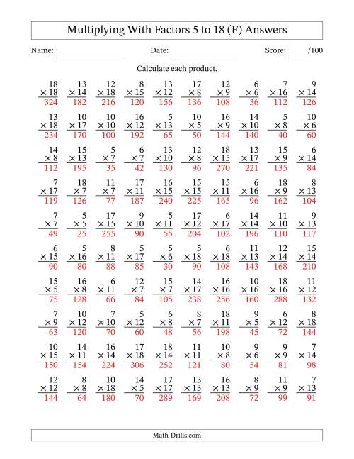 The Multiplication With Factors 5 to 18 (100 Questions) (F) Math Worksheet Page 2