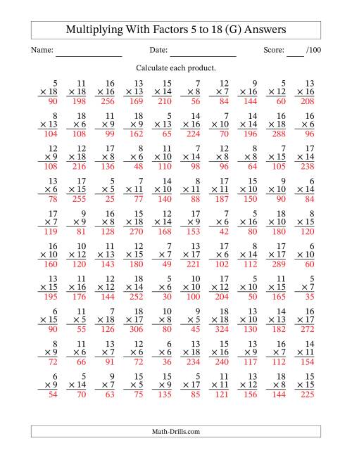 The Multiplication With Factors 5 to 18 (100 Questions) (G) Math Worksheet Page 2