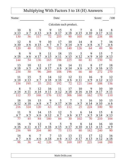 The Multiplication With Factors 5 to 18 (100 Questions) (H) Math Worksheet Page 2