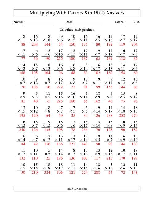 The Multiplication With Factors 5 to 18 (100 Questions) (I) Math Worksheet Page 2