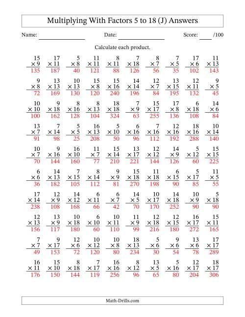The Multiplication With Factors 5 to 18 (100 Questions) (J) Math Worksheet Page 2