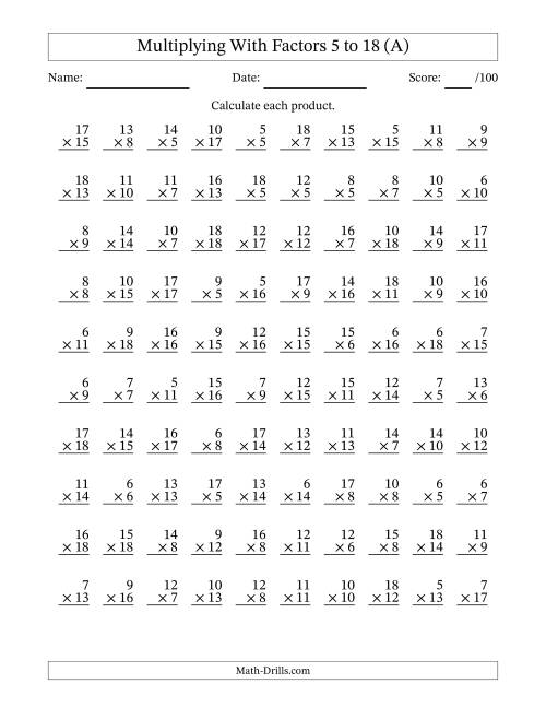 The Multiplication With Factors 5 to 18 (100 Questions) (All) Math Worksheet