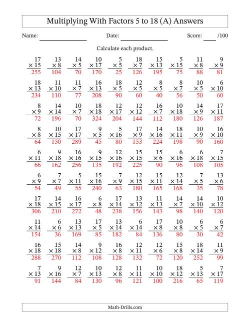 The Multiplication With Factors 5 to 18 (100 Questions) (All) Math Worksheet Page 2