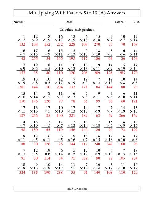 The Multiplication With Factors 5 to 19 (100 Questions) (A) Math Worksheet Page 2