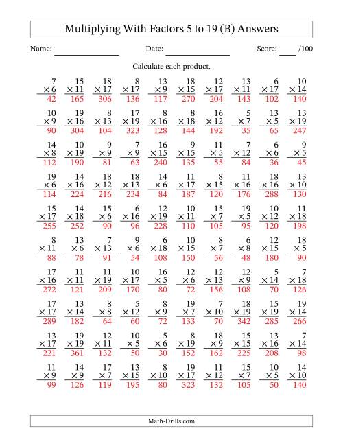 The Multiplication With Factors 5 to 19 (100 Questions) (B) Math Worksheet Page 2
