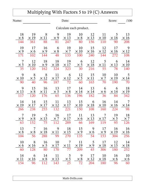 The Multiplication With Factors 5 to 19 (100 Questions) (C) Math Worksheet Page 2