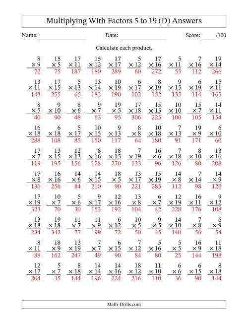 The Multiplication With Factors 5 to 19 (100 Questions) (D) Math Worksheet Page 2