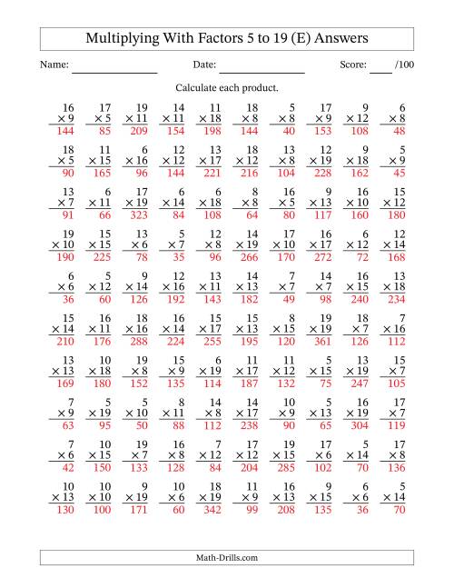The Multiplication With Factors 5 to 19 (100 Questions) (E) Math Worksheet Page 2