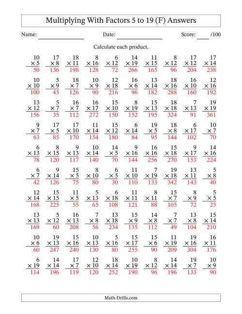 The Multiplication With Factors 5 to 19 (100 Questions) (F) Math Worksheet Page 2