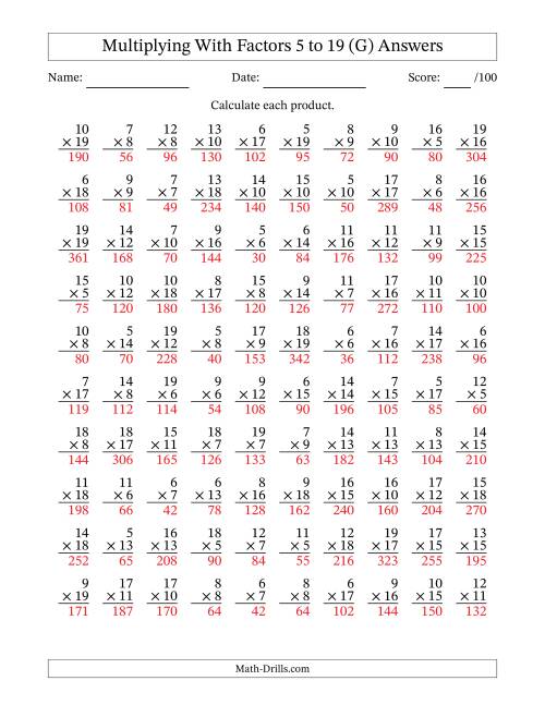 The Multiplication With Factors 5 to 19 (100 Questions) (G) Math Worksheet Page 2