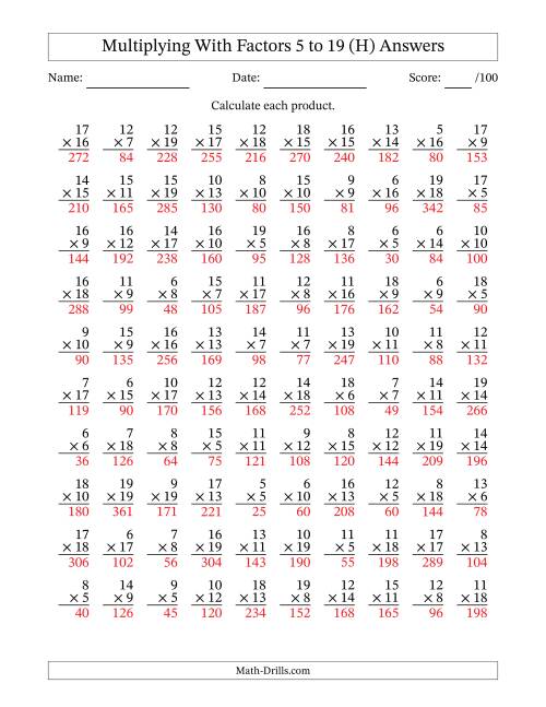 The Multiplication With Factors 5 to 19 (100 Questions) (H) Math Worksheet Page 2