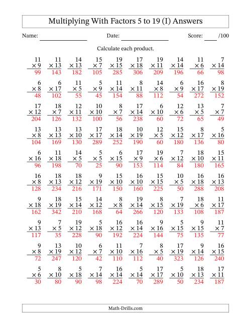 The Multiplication With Factors 5 to 19 (100 Questions) (I) Math Worksheet Page 2