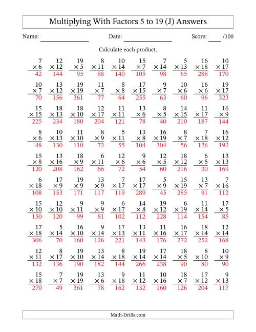 The Multiplication With Factors 5 to 19 (100 Questions) (J) Math Worksheet Page 2