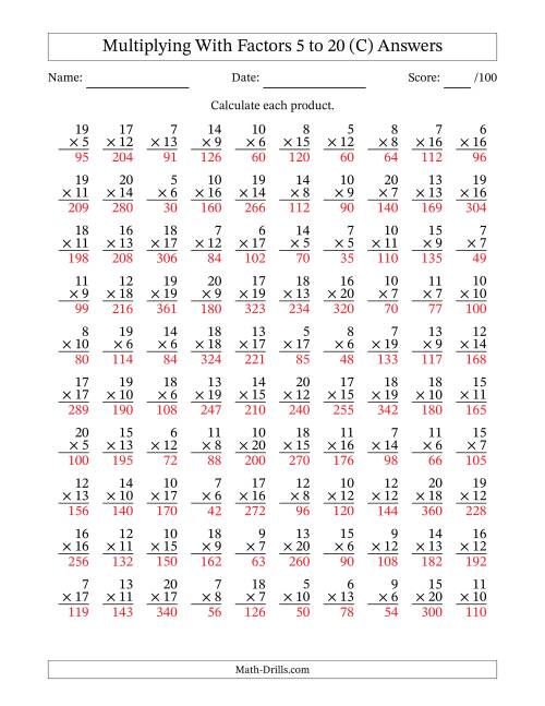 The Multiplication With Factors 5 to 20 (100 Questions) (C) Math Worksheet Page 2