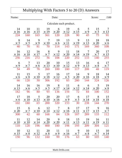 The Multiplication With Factors 5 to 20 (100 Questions) (D) Math Worksheet Page 2
