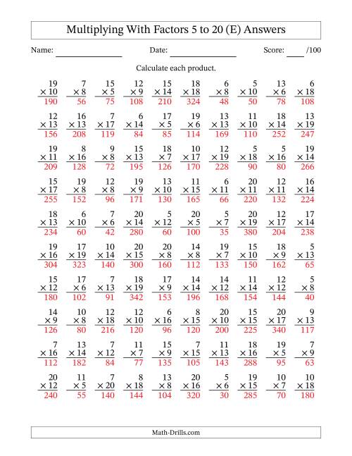 The Multiplication With Factors 5 to 20 (100 Questions) (E) Math Worksheet Page 2
