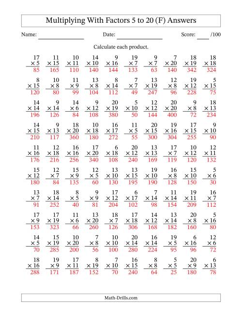 The Multiplication With Factors 5 to 20 (100 Questions) (F) Math Worksheet Page 2
