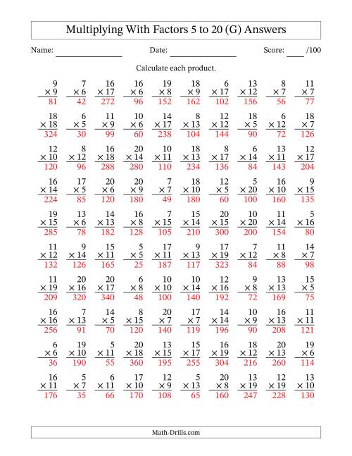 The Multiplication With Factors 5 to 20 (100 Questions) (G) Math Worksheet Page 2