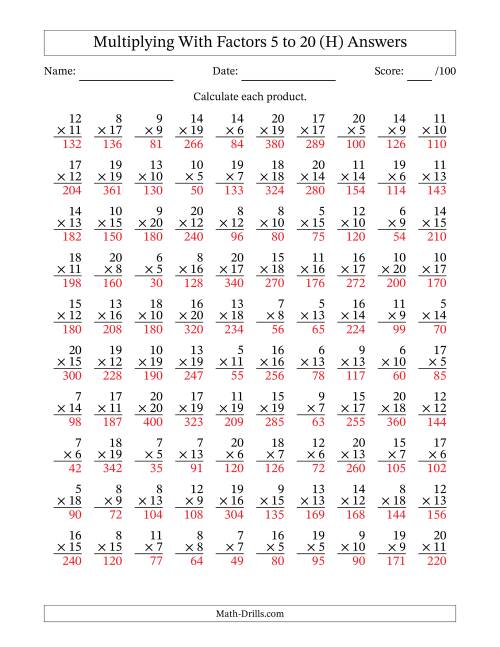The Multiplication With Factors 5 to 20 (100 Questions) (H) Math Worksheet Page 2