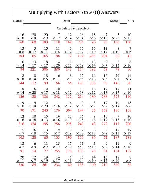 The Multiplication With Factors 5 to 20 (100 Questions) (I) Math Worksheet Page 2