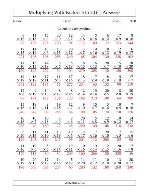 The Multiplication With Factors 5 to 20 (100 Questions) (J) Math Worksheet Page 2