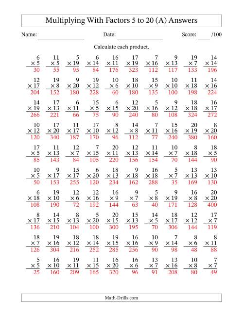 The Multiplication With Factors 5 to 20 (100 Questions) (All) Math Worksheet Page 2