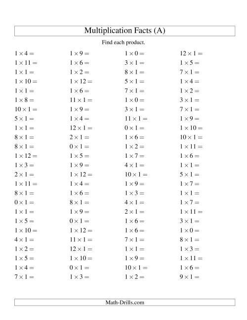 The 100 Horizontal Questions -- 1 by 0-12 (A) Math Worksheet