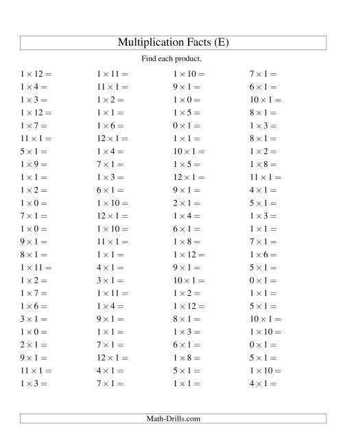 The 100 Horizontal Questions -- 1 by 0-12 (E) Math Worksheet