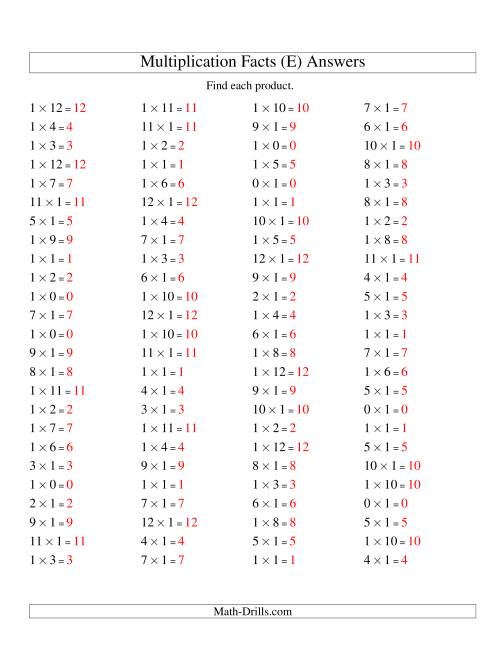 The 100 Horizontal Questions -- 1 by 0-12 (E) Math Worksheet Page 2