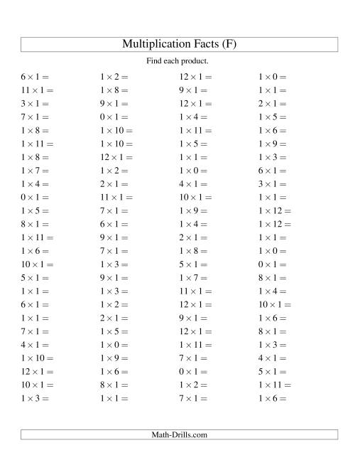 The 100 Horizontal Questions -- 1 by 0-12 (F) Math Worksheet
