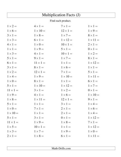The 100 Horizontal Questions -- 1 by 0-12 (J) Math Worksheet