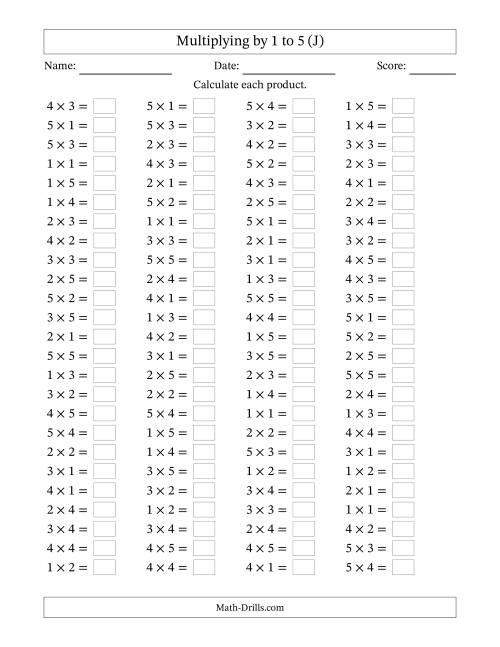The Horizontally Arranged Multiplication Facts with Factors 1 to 5 and Products to 25 (100 Questions) (J) Math Worksheet