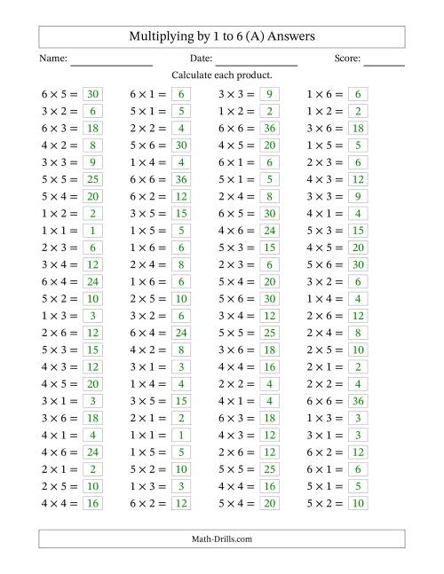 The Horizontally Arranged Multiplying up to 6 × 6 (100 Questions) (A) Math Worksheet Page 2