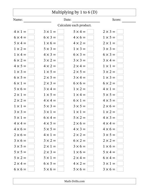 The Horizontally Arranged Multiplication Facts with Factors 1 to 6 and Products to 36 (100 Questions) (D) Math Worksheet