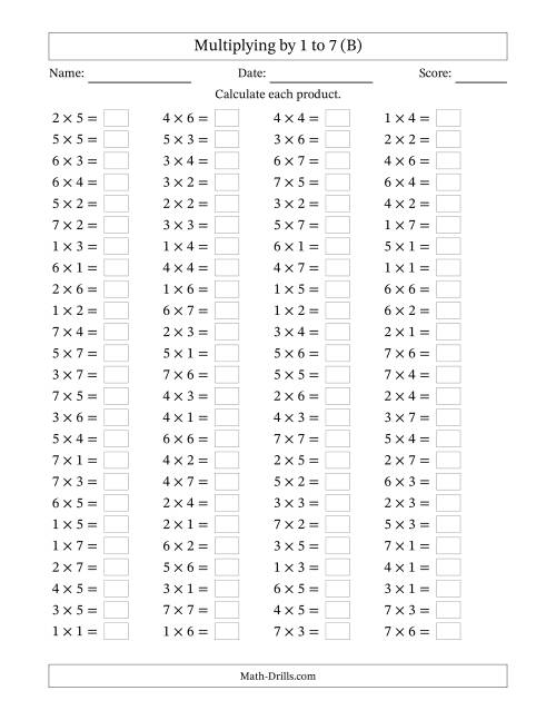 The Horizontally Arranged Multiplication Facts with Factors 1 to 7 and Products to 49 (100 Questions) (B) Math Worksheet