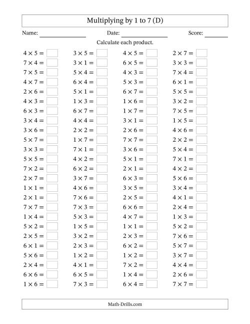 The Horizontally Arranged Multiplication Facts with Factors 1 to 7 and Products to 49 (100 Questions) (D) Math Worksheet