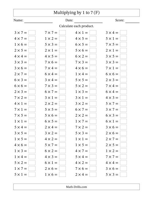 The Horizontally Arranged Multiplication Facts with Factors 1 to 7 and Products to 49 (100 Questions) (F) Math Worksheet