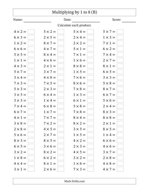 The Horizontally Arranged Multiplication Facts with Factors 1 to 8 and Products to 64 (100 Questions) (B) Math Worksheet