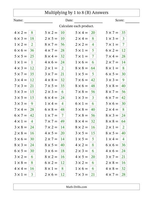 The 100 Horizontal Questions -- Multiplication Facts to 64 (B) Math Worksheet Page 2