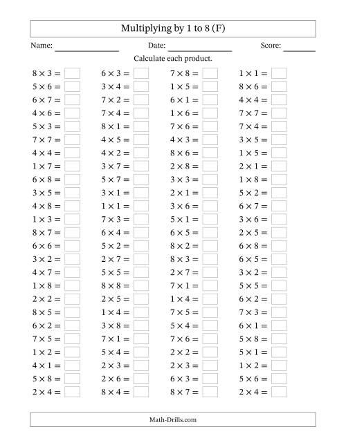The Horizontally Arranged Multiplying up to 8 × 8 (100 Questions) (F) Math Worksheet